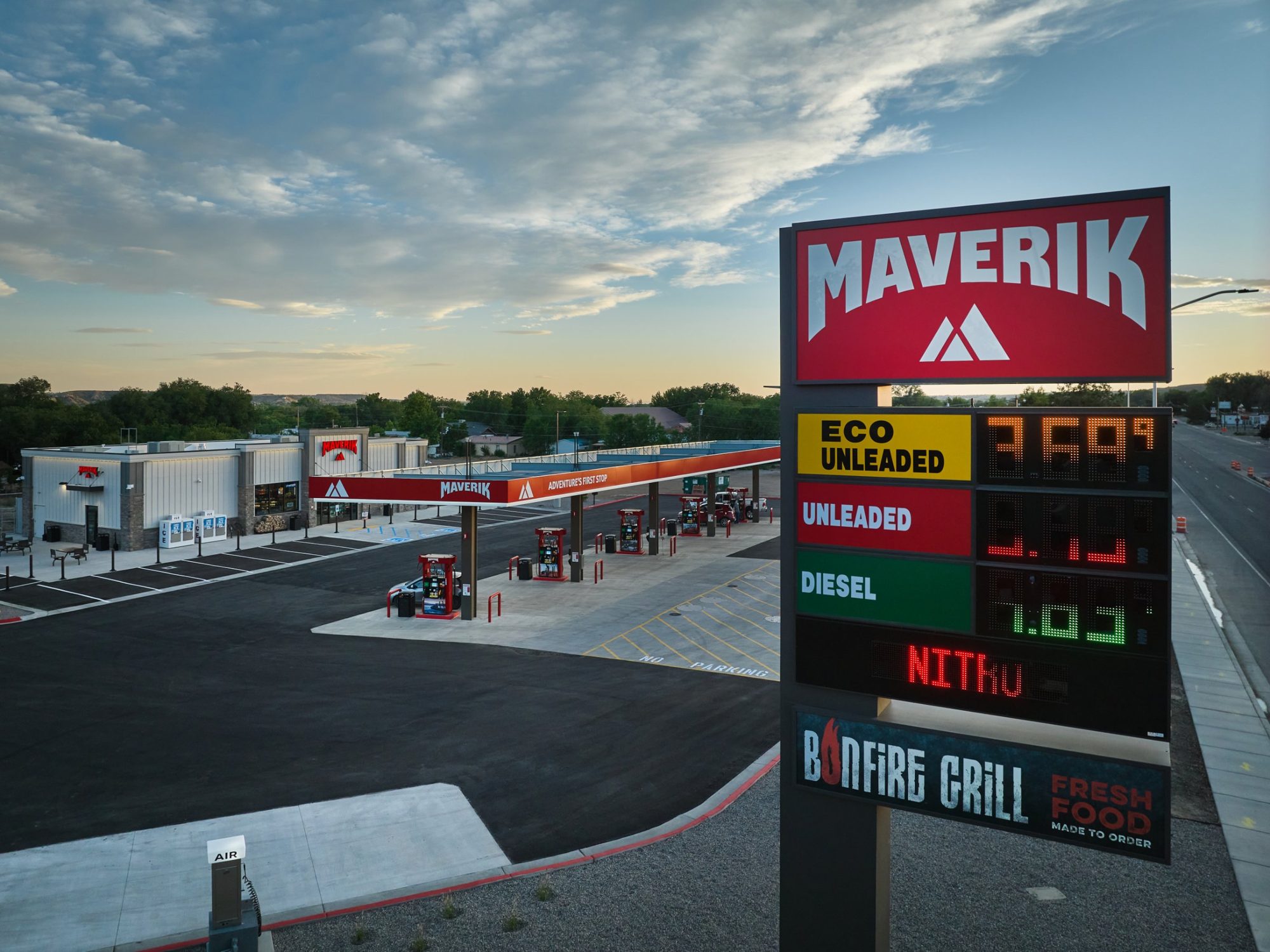 Maverik store and fuel canopy at dusk, Aztec, New Mexico