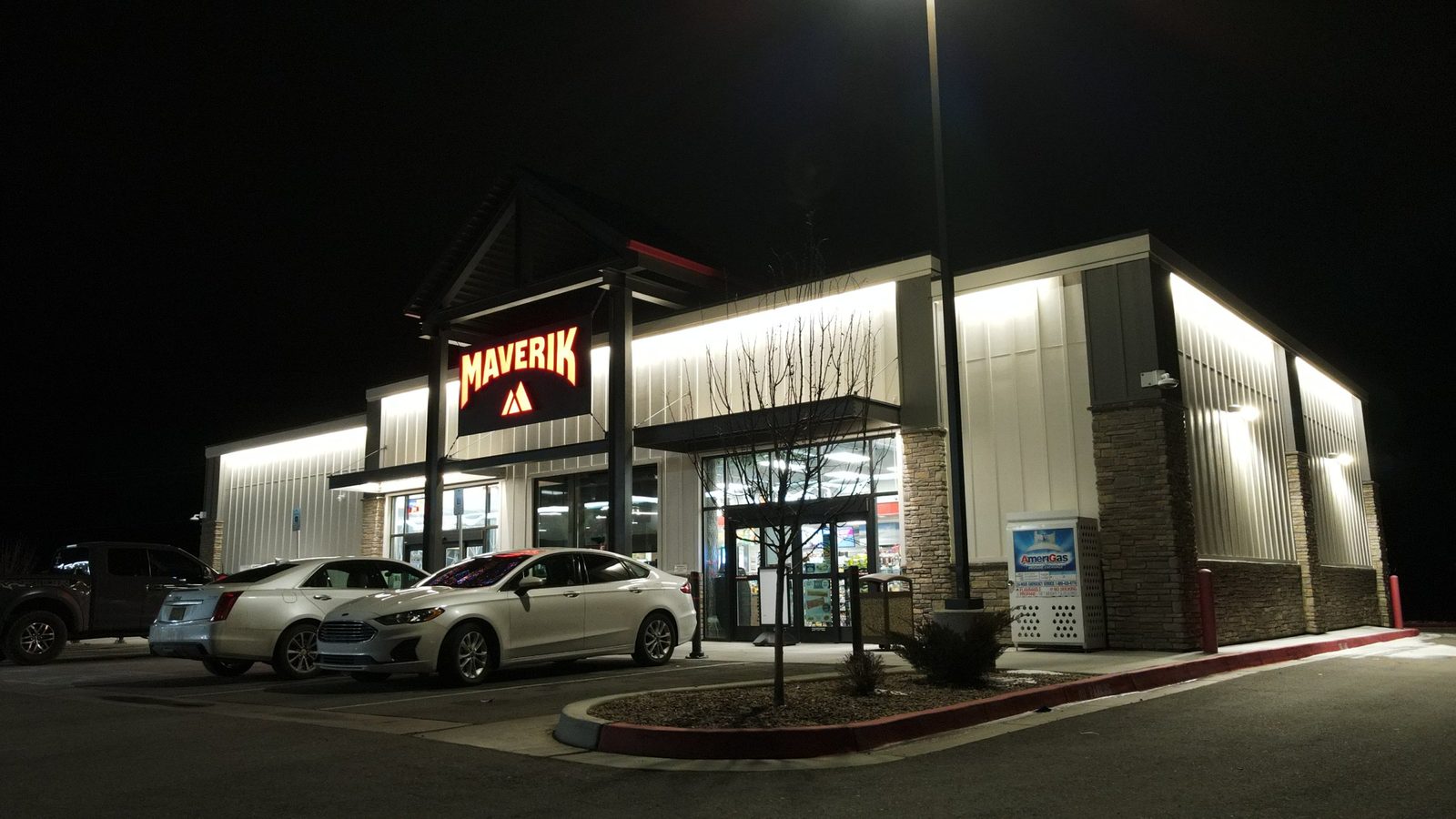 Maverik store lit up at night