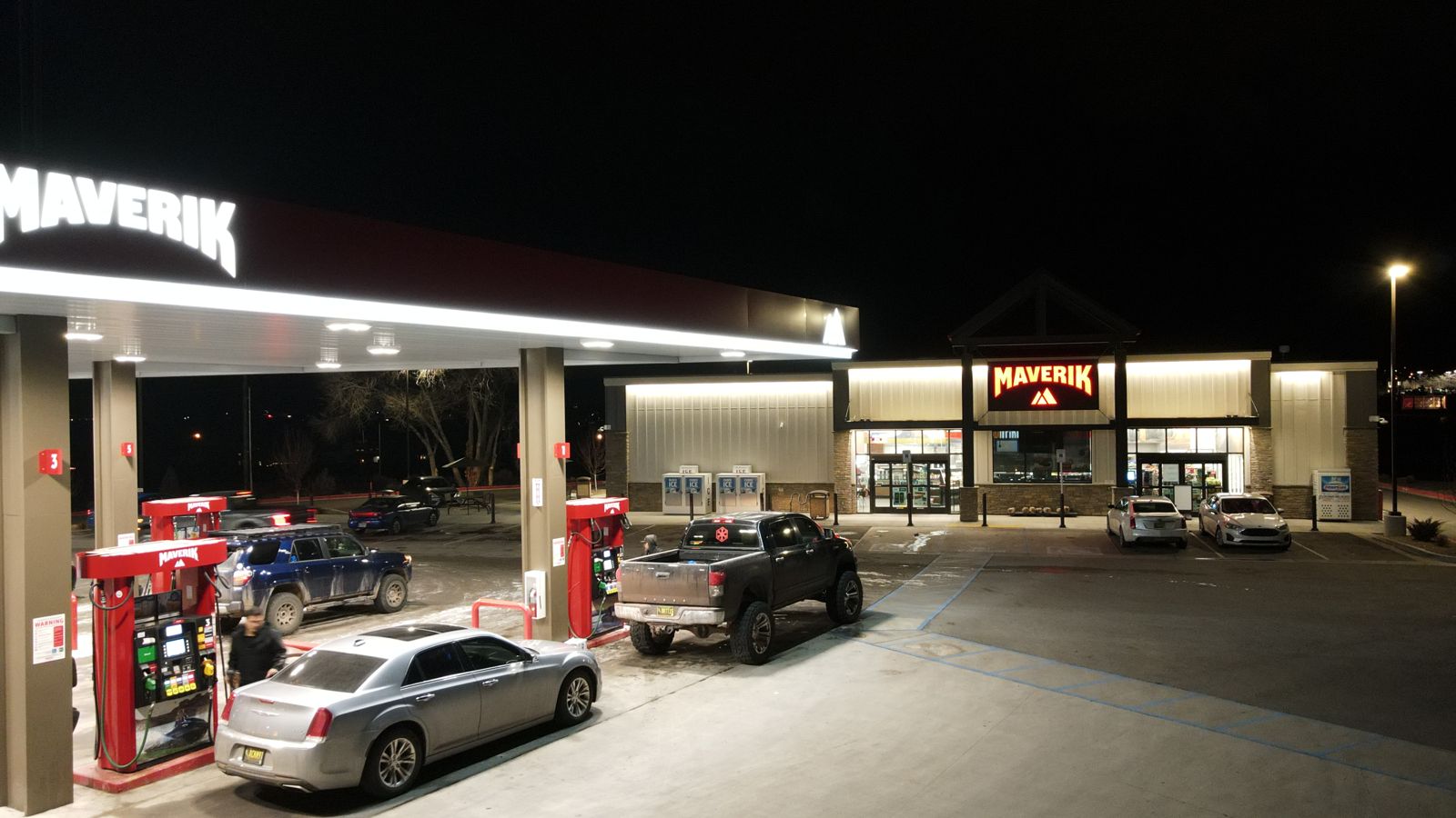 Maverik fuel canopy at night, Santa Fe, New Mexico